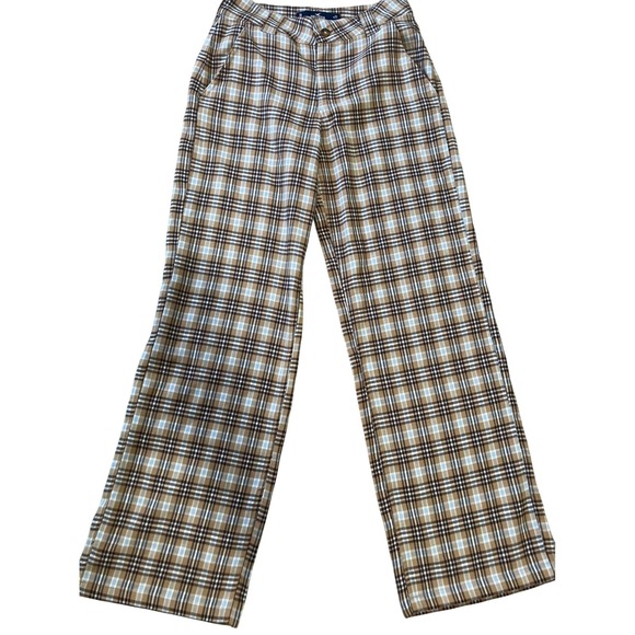Hollister Pants - Hollister High-Rise Baggy Plaid Pants Brown Blue Wide Leg Trousers W25 Size 1R